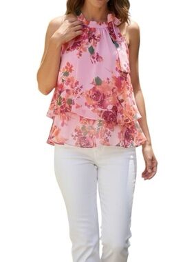 CeCe Pink Floral Ruffle Tiered Blouse Size S